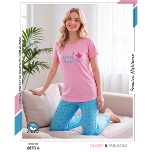 Trendy Ladies Pink T-shirt - Blue Pajamas
